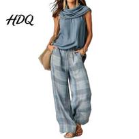 Plaid Wide Leg Pants Women Top 2-Piece Set Summer Ruffle Mock Neck Sleeveless Vintage Loose Casual Outfit & Pants Set Draped S šviesiai mėlyna spalva