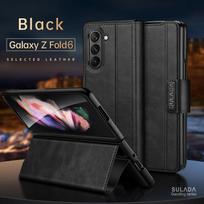 Prabangus odinis telefono dėklas Samsung Galaxy Z Fold 7 6 5 4 5G Elegantiškas vienspalvis magnetinis sulankstomas laikiklis Smūgiams atsparus apsauginis kietas dangtelis for Galaxy Z Fold 4 black