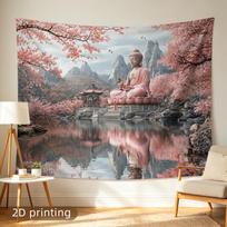 Elegant Buddha Tapestry Wall Hanging Scroll Asian Spring Blossoms Zen Zen Garden Decor Polyester Large Indoor Print 100X70CM gray