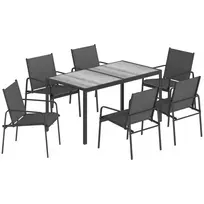 Lauko baldų komplektas: 150 x 80 cm stalas su 6 kvėpuojančiomis kėdėmis, medžio imitacija, juodas plieninis rėmas