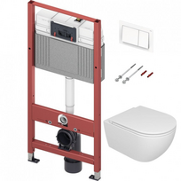 TECEbase WC modulis su Base vandens bakeliu, nuleidimo plokštele ir pakabinamu GSG Like Smart Clean Rimless klozetu su plonu lėtaeigiu dangčiu