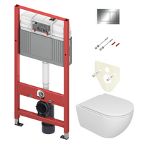 TECEbase WC modulis su su Tece Now blizgaus chromo mygtuku ir pakabinamas GSG Like Smart Clean Rimless klozetas su lėtaeigiu dangčiu