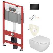 TECE Base WC modulis su juodu matiniu Tece Now mygtuku ir pakabinamas GSG Like Smart Clean Rimless klozetas su lėtaeigiu dangčiu
