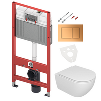 TeceBase WC rėmas su Tece Now žalvario spalvos mygtuku ir pakabinamu GSG Like Smart Clean Rimless klozetu