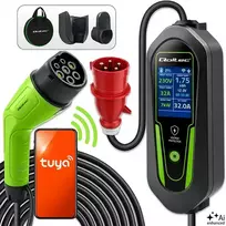 Qoltec Įkroviklis automobiliui elektriniam EV ir hibridui su reguliavimu 2v1 Typ2 | 7kW | 230V | CEE 32A | Wi-Fi | Tuya | Smart life | LCD | 5m