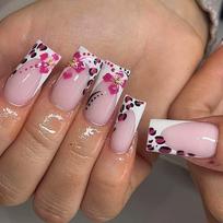 Short Square Press on Nail French Tips Fake Nail Full Cover False Nail with Flower Designs Artificial Acrylic Nail 1 brown