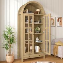 Moderni arkos formos aukšta spintelė su lentynų lygiais ir stalčiumi - vitrina su aukščio reguliuojamomis lentynomis svetainei, darbo kambariui, valgomajam 75 x 35 x 170.5 cm natūrali