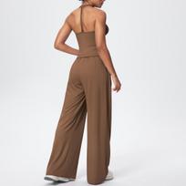 Solid Color Wide Leg Yoga Set: Elastic Waist Pants & Halter Vest M brown