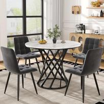 Valgomojo stalo komplektas 5 vnt, apvalus stalas 80 cm, 4 kėdės, juodos metalinės kojos, balta MDF plokštė