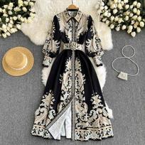Women Long Sleeve Printed Bohemia Casual Vacation Midi A Line Dress S juoda
