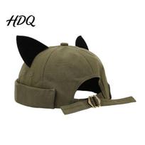 Cute Animal Ear Docker Cap Brimless Cat Hat Cap Adjustable Skullcap Stylish Size Street Hat Sailor for Women Men Casual Wear Outdoor Travel armijos žalia spalva