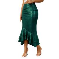 Women Midi Skirt Sexy Hip-Hugging Design Hip-Covering Pure Color Party Skirt Glitter Low-rise Ruffle Hem Fishtail Skirt Daily Wear S žalia