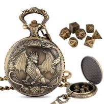 Metal Dice Set with Dragon Pocket Watch Case 7 Dices Portable Vintage Multi-side Game Dice Family Night Party Board Game A beige
