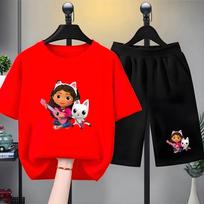 Children Summer Clothing Tshirt+Shorts Gabbys Dollhouse Print Boy Girl Toddler 3-12Yrs Short-Sleeved cool leisure Set 100 raudona