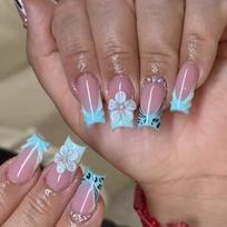 24Pcs Blue French Press On Nails With 3D Carved Flower Leopard Print Square False Nails For Women gray