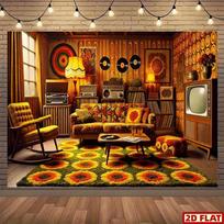 2D 70s Hippie Living Room Backdrop, Groovy Floral Rug & Vinyl Record Photography Background for Home Decor 70.9x43.3inch/180*110cm black