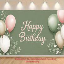2D Neutral Sage Green Birthday Backdrop with Pink & Beige Balloons and Flowers 70.9x43.3inch/180*110cm beige