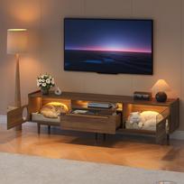 Moderni TV spintelė su LED apšvietimu, katės poilsio vieta, stiklinėmis durelėmis ir 1 stalčiumi (Katės pagalvėlė neįtraukta), Riešuto spalva, 180x40x50 cm 180 x 40 x 50 cm
