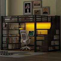 140x200 metalinė dviaukštė lova su laiptais, integruotu rašomuoju stalu, daiktadėžėmis, USB įkrovimo stotele ir LED apšvietimu, juoda 254.8 x 148 x 170 cm juoda