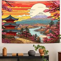 Decorative Japanese Tapestry Wall Hanging Mount Fuji Sakura Cherry Blossoms Pagoda Landscape Zen Art Print for Home Decor Polyes 100X70CM white