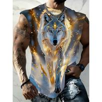 [Print Design-Not Textured] Wolf Soul Animal Print Sleeveless T-Shirt, Men'S Graphic Vest, Suitable for Outdoor And Casual Wear, Plus Size 1XL gray