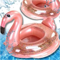 Pripučiamas XXL dydžio flamingo ratas su sėdyne, rožinės-aukso spalvos, baseinui ir paplūdimiui