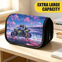 Double Layer Large Pencil Case, Vibrant Printed Pencil Pouch with Neon Racer Sprint Design, Fashion Storage Bag, Portable Pencil Case with Zipper, Dur 20x9x11cm blue