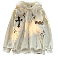 American Retro Oversize Hoodie Sweatshirt Women's Casual Outerwear Autumn Winter Coat Fun Print Couple's Loose Fit Cardigan 3XL beige