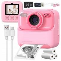Vaikiškas momentinis fotoaparatas su mini spausdintuvu, 3 ritinėliais ir 32GB kortele