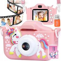 Vaikiškas skaitmeninis LCD fotoaparatas 40MPix unicorn USB rožinis su 32GB SD kortele
