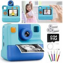 Vaikiškas momentinis fotoaparatas 32GB 1080P su spausdinimo popieriumi, mėlynas