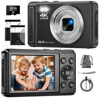 Skaitmeninis fotoaparatas 4K 64MP, integruota blykstė, 16x priartinimas, 32GB kortelė, juodas