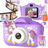 Vaikiškas skaitmeninis fotoaparatas LCD 40MPix vienaragis USB violetinis su 32GB SD kortele