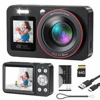 Skaitmeninis fotoaparatas DEATTI 4K 64MP dvigubas ekranas 18x skaitmeninis priartinimas 64GB