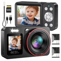 Skaitmeninis fotoaparatas 4K, 18X priartinimas, 64MP, 64GB kortelė, 2x 1200mAh akumuliatoriai