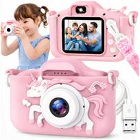 Vaikiškas skaitmeninis fotoaparatas Pink Unicorn HD su USB ir asmenukių funkcija
