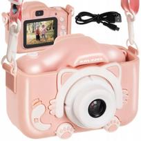Vaikiškas 3MP fotoaparatas su LCD, SD, Full HD, rožinis, su dėklu ir dirželiu
