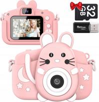 Vaikiška skaitmeninė kamera GOFUNLY 1080P HD 20 MP su 32GB SD kortele, rožinė