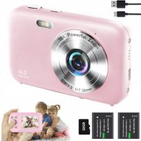 Vaikiškas skaitmeninis fotoaparatas 1080P rožinis 16X su 32GB kortele 44MP ir 2 akumuliatoriais