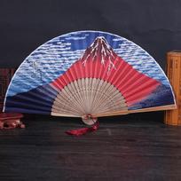 Silk Bamboo Fan - Red Sun, Mount Fuji & Waves Design Wave Design red