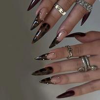 24Pcs Leopard Print French Tip Long Stiletto Press On Nails With Steel Ball Decor Detachable Fake Nail Tips Sweet Cool white