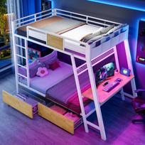 Metalinė dviaukštė lova 90×200cm, integruotas žaidimų stalas su lizdais, USB ir Type-C jungtimis, su LED apšvietimo juosta, dvi laikymo krepšiai, jaunimo žaidimų lova, balta 236 x 95.5 x 170 cm balta