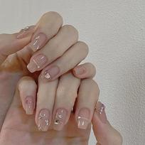 24Pcs Short Square Press On Nails White Line Rhinestone Design Full Cover Detachable Fake Nail Tips For Women gray