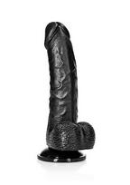 Lenktas tikroviškas dildo su kamuoliukais ir siurbtuku, 15,5 cm, juodas