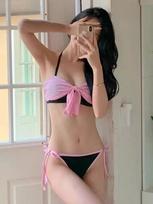 1011 Women's Swimsuit Two-Piece Bikini Sexy Sweet Spicy Strapless Colorblock Low-Waist Cord Bikini M black