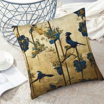Double Sided Chinoiserie Blue Bird Throw Pillow Cover Vintage Golden Floral Print Decorative Cushion Case For Couch Home Decor 30X30CM