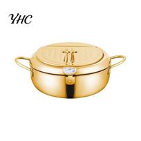 Even Heat Distribution Fryer Stainless Steel Deep Pot with Lid Japanese Frying Pan Temperature Control Thermometer Oil Drainer Rack for Kitchen 20cm beige