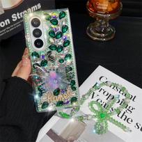 Phone Case for Samsung Galaxy Z Fold 7 6 5 4 3 5G Luxury Cute Butterfly Pearl Diamond Crystal Wrist Strap Glitter Candy Cover Galaxy Z Fold4 žalia