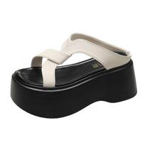 Madingi vasaros moteriški šlepetės Paplūdimio flip-flopai Moteriški stori odiniai batai Kulniukai-pleištukai Lauko sandalai Moteriškos aukštos platformos šlepetės 8CM 34 smėlis