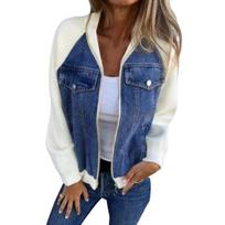 Yousheng Fall Winter Women Jacket Color Matching Zip-up Pockets Cardigan Long Sleeves Patchwork Raglan Shoulder Turn-down Collar Casual Daily Wear M mėlyna